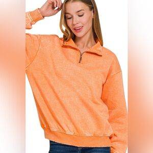 Zenana Acid Wash Fleece Half Zip Pullover Sweatshirt